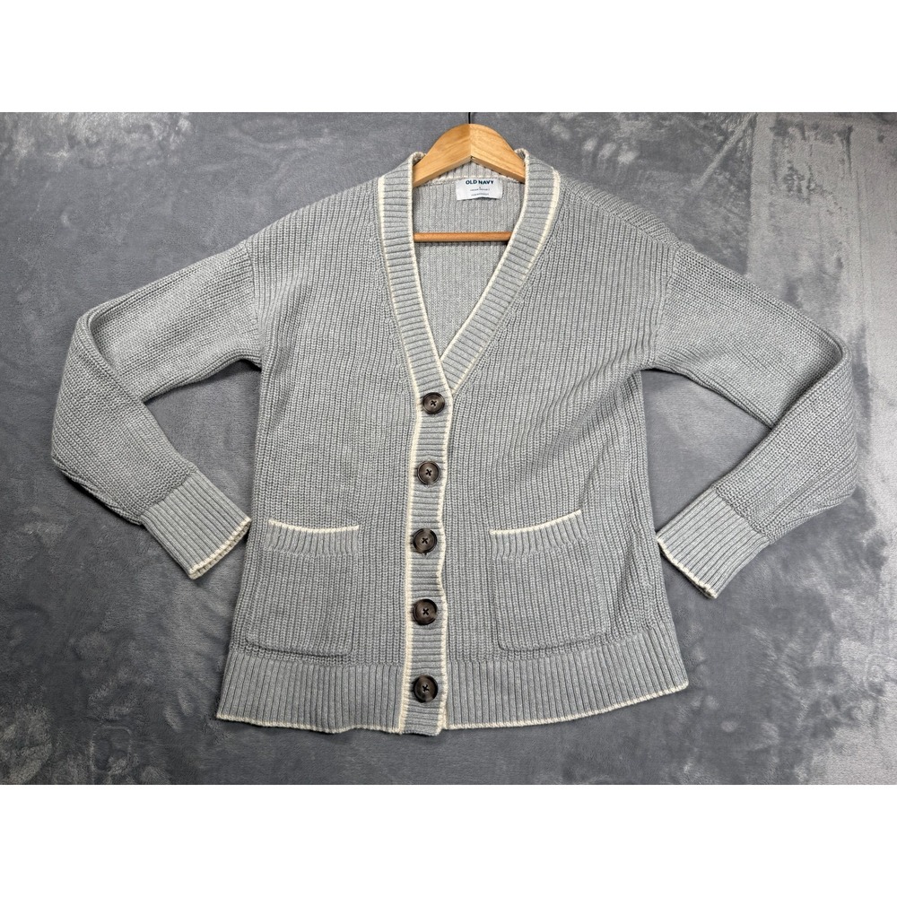 Old Navy Cardigan Sweater Womens Small Gray Chunky Knit Ribbed Relaxed Fit